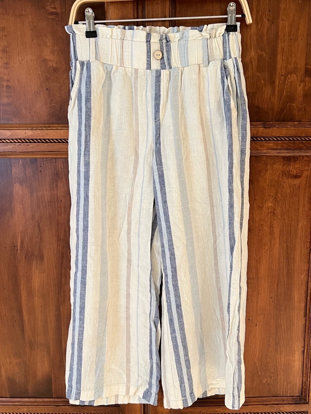 Rewash blue/cream linen blend striped wide leg cropped pants | Size S | Like New